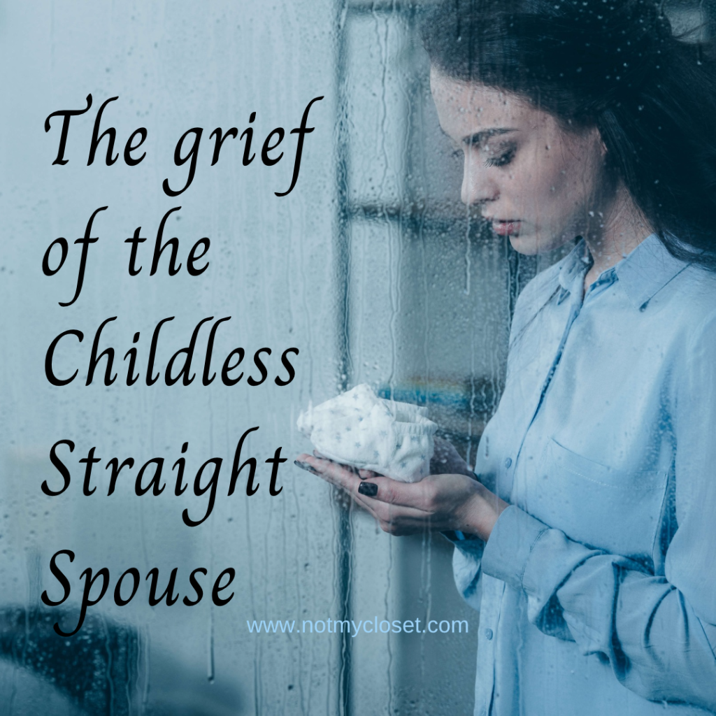 An image depicting a grieving childless straight spouse woman