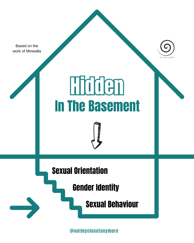 The image shows a house with a basement with text identifying hidden sexual orientation, gender identity, and sexual behaviour in the 'basement'