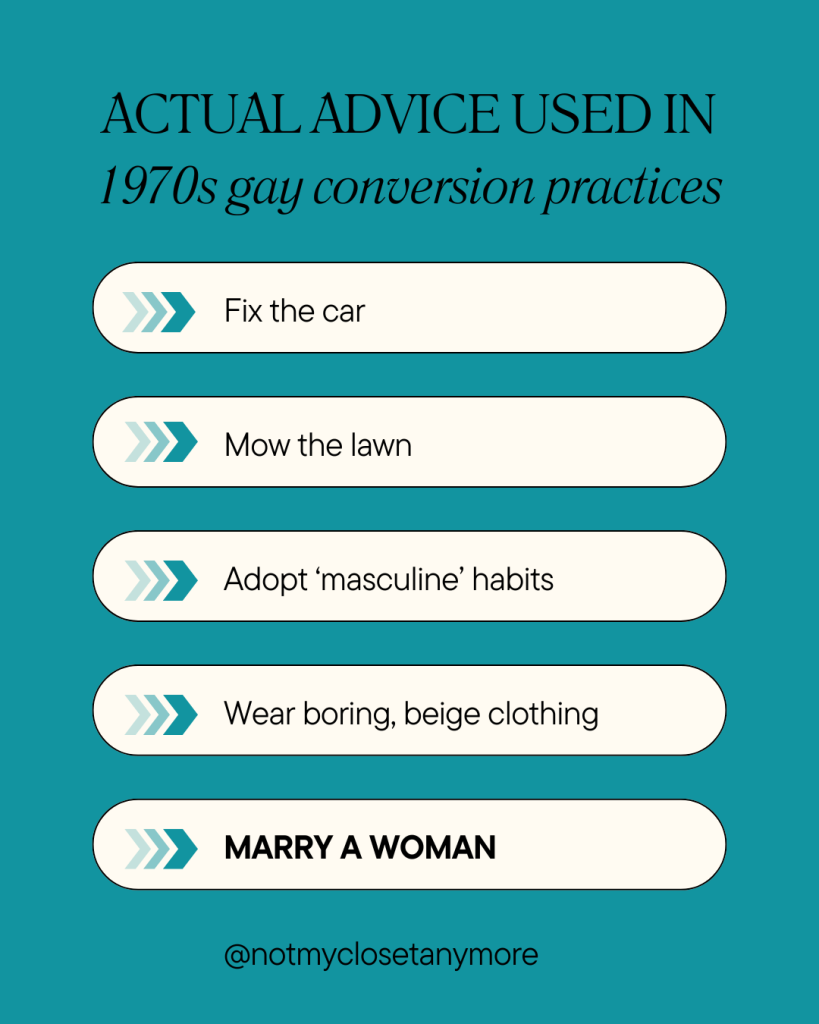 the image shows actual advice given to closeted gay men as part of 1970s gay conversion practices