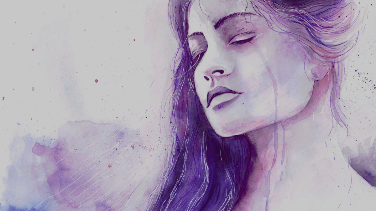 Artistic image of grieving childless woman on a plum-coloured background